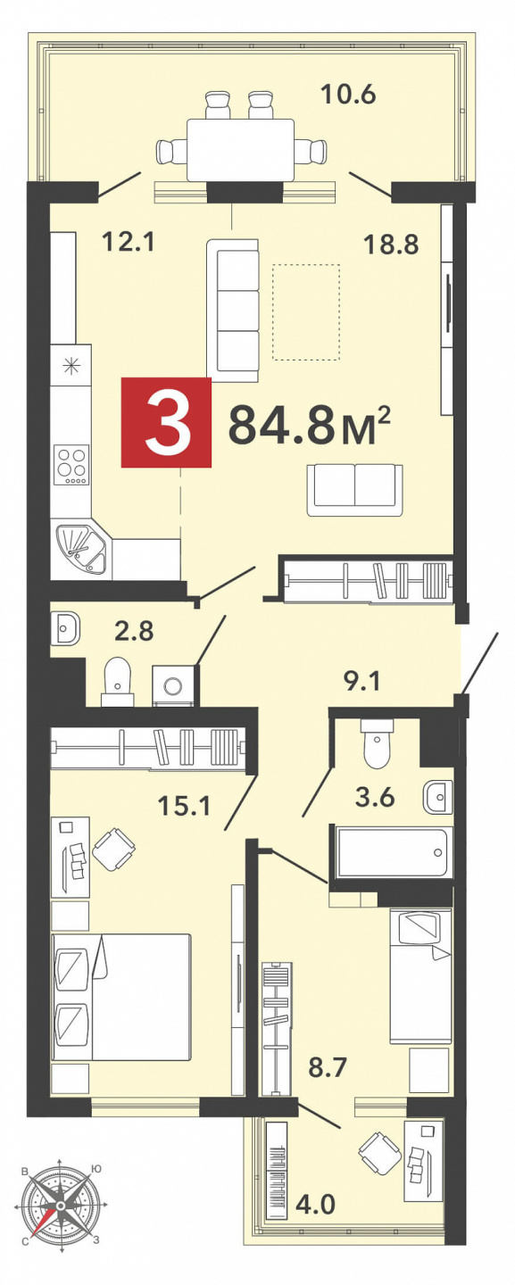 Продается 3 комнатная квартира по ул. Фонтанная , 70 строение , ЖК «Радужные дворы» , Спутник  .
Новый  5-ти подъездный 12 этажный дом , в квартале «Радужные дворы» на пересечении улиц Светлая и Фонтанная . Срок сдачи: 4 квартал 2024 года.

В наличии 3 комнатная  :
Общая площадь  84.8м2  , жилая пло